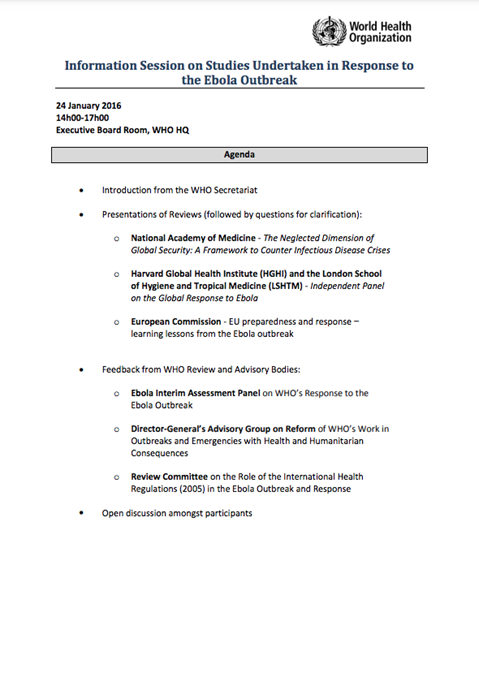 Information Session on Studies Undertaken in Response to the Ebola Outbreak - Agenda