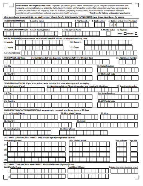 Public health passenger locator card