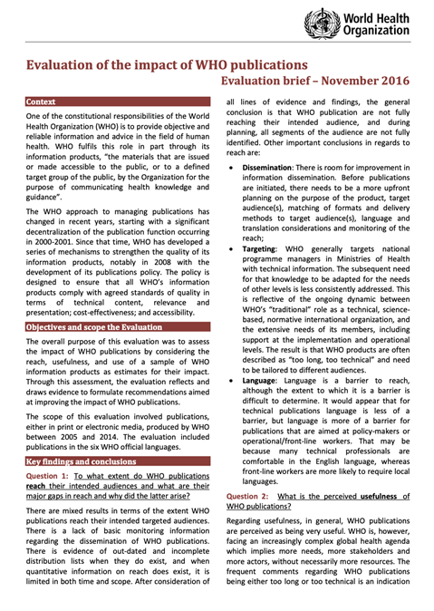 Evaluation of the impact of WHO publications - Evaluation Brief - November 2016