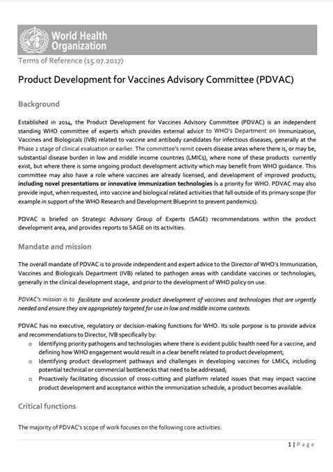 Terms of reference - Product Development for Vaccines Advisory Committee (PDVAC)