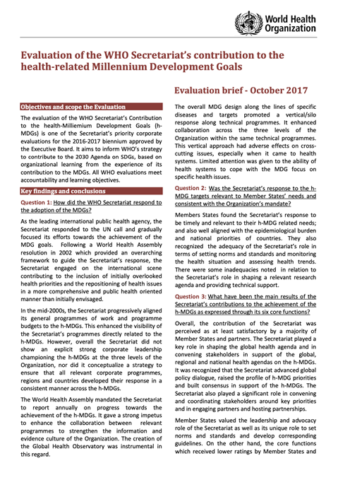 Evaluation of WHO Secretariat contribution to MDGs - Evaluation Brief - October 2017