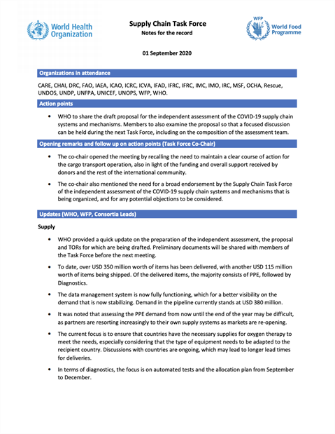 Supply Chain Task Force notes for the record 1 September 2020