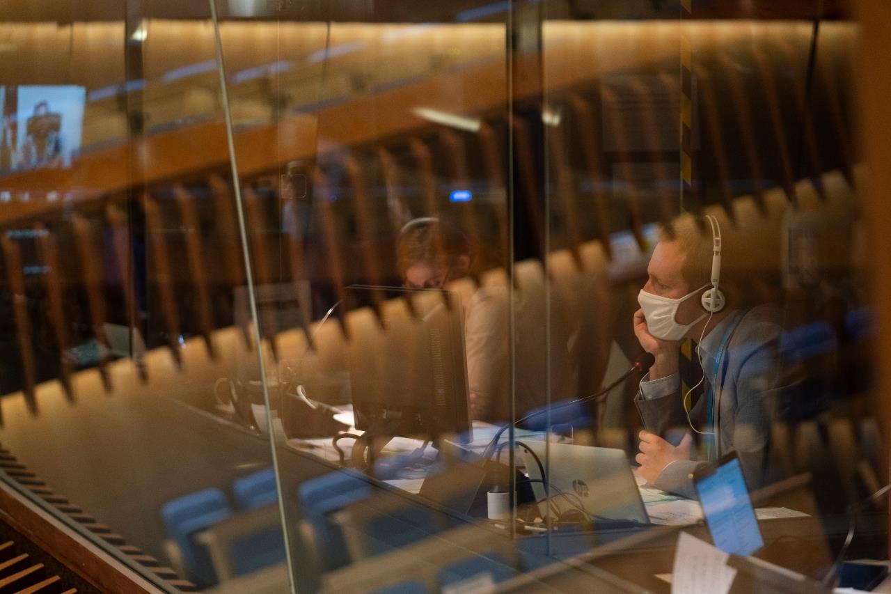 Audiovisual control booth during the resumed Seventy-third World Health Assembly