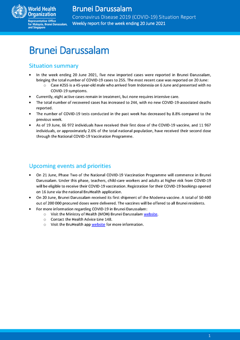 COVID-19 in Brunei Darussalam Situation Report 26