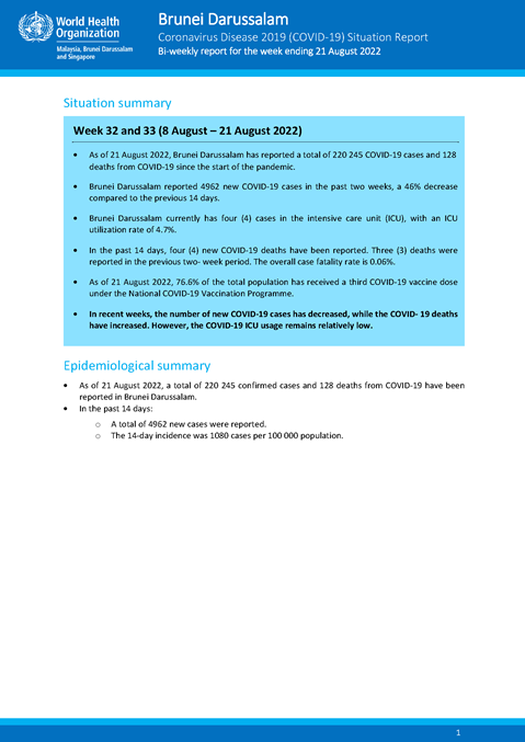 COVID-19 in Brunei Darussalam Situation Report 62