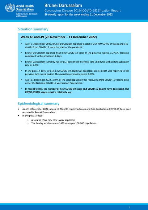 COVID-19 in Brunei Darussalam Situation Report 70