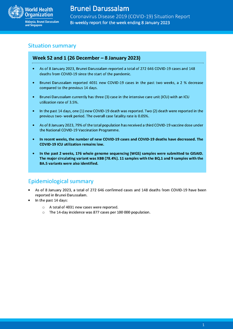 COVID-19 in Brunei Darussalam Situation Report 72