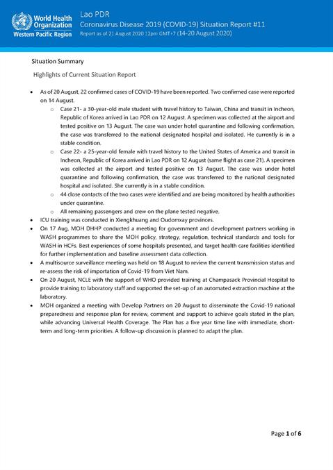 COVID-19 situation report for Lao PDR #11: 04 - 20 August 2020