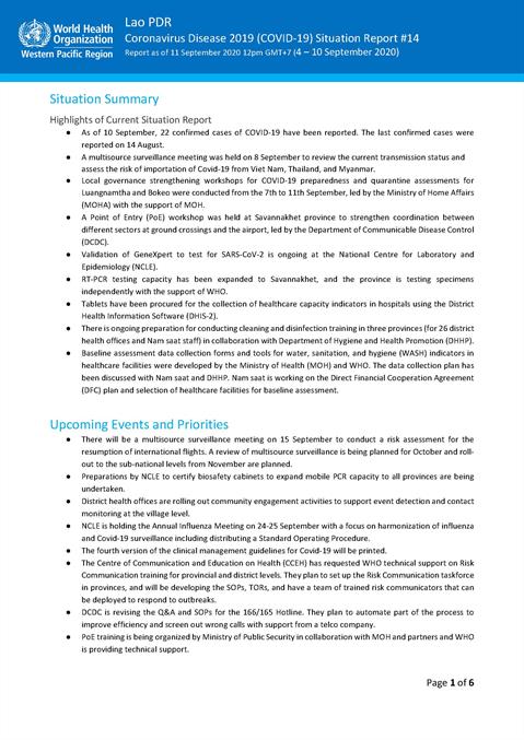 COVID-19 situation report for Lao PDR #14: 3 - 10 September 2020
