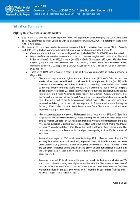 COVID-19 situation report for Lao PDR #39: 14 September 2021