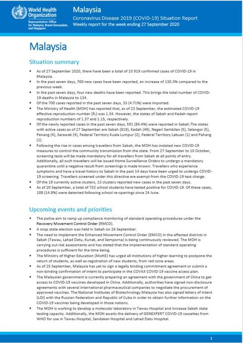 COVID-19 in Malaysia Situation Report 19