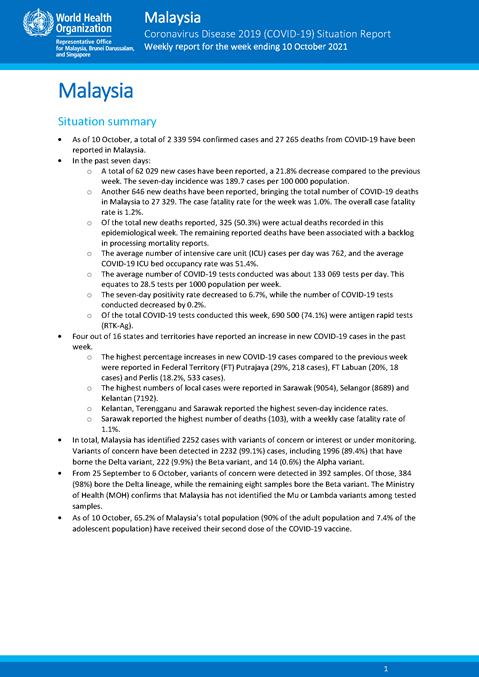 COVID-19 in Malaysia Situation Report 63
