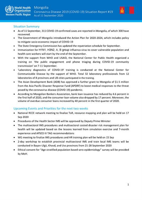 COVID-19 situation report for Mongolia #19: 11 September 2020