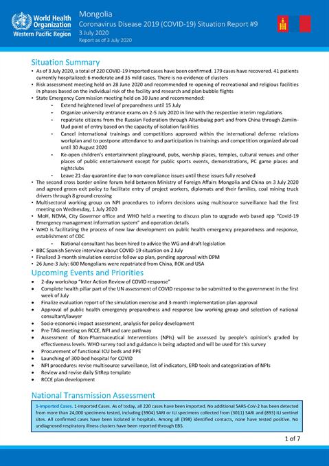 COVID-19 situation report for Mongolia #9: 03 July 2020