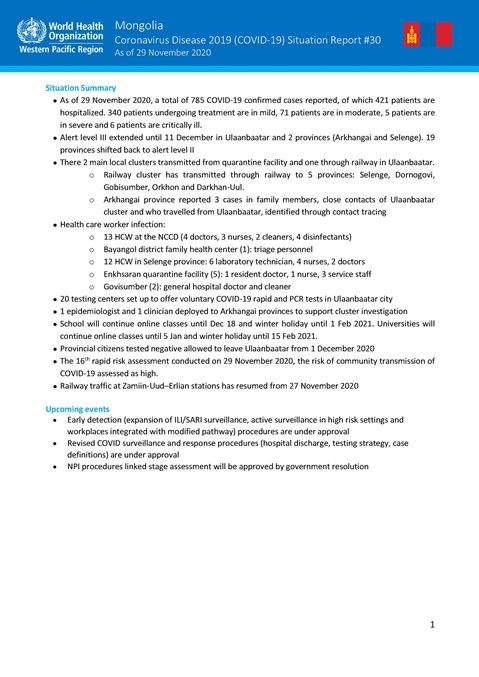 COVID-19 situation report for Mongolia #30:  29 November 2020