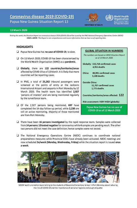 COVID-19 in Papua New Guinea Situation Report 13