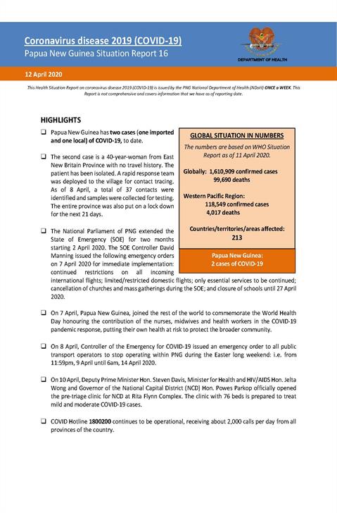 COVID-19 in Papua New Guinea Situation Report 16