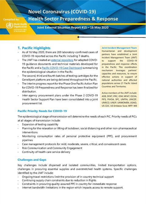 COVID-19 Joint external situation report for Pacific Islands #15